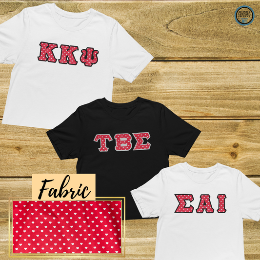 Red with White Hearts Fabric | Double Stitch Greek letters