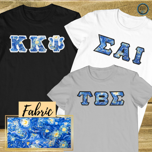 Swirl night Fabric | Double Stitch Greek letters